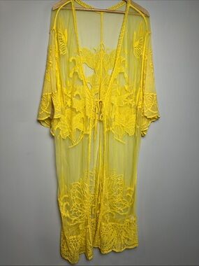 Yellow Embroidered Sheer Swim Coverup